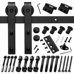 Best Pirce 😀 Boyel Living 6 ft./72 in. Black Steel Bent Strap Sliding Barn Door Track and Hardware Kit for Single Door with Floor Guide 🎉