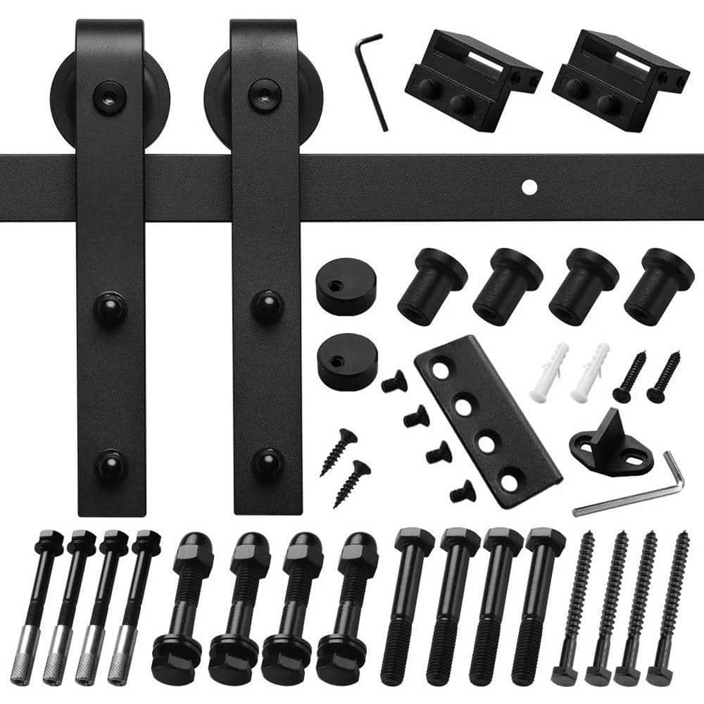 Best Pirce 😀 Boyel Living 6 ft./72 in. Black Steel Bent Strap Sliding Barn Door Track and Hardware Kit for Single Door with Floor Guide 🎉