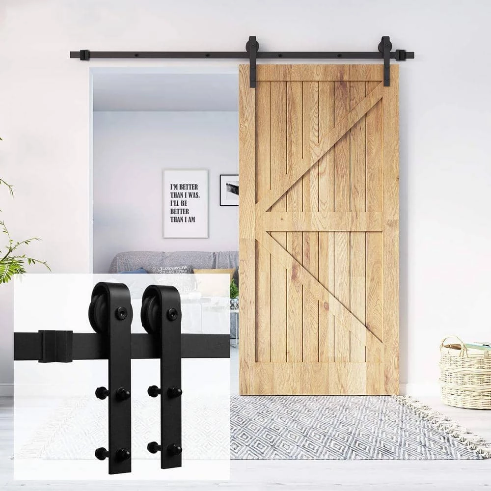 Best Pirce 😀 Boyel Living 6 ft./72 in. Black Steel Bent Strap Sliding Barn Door Track and Hardware Kit for Single Door with Floor Guide 🎉 - Image 8