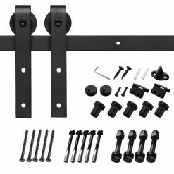 Budget ⭐ Boyel Living 8 ft./96 in. Black Steel Bent Strap Sliding Barn Door Track and Hardware Kit for Single Door with Floor Guide ✔️