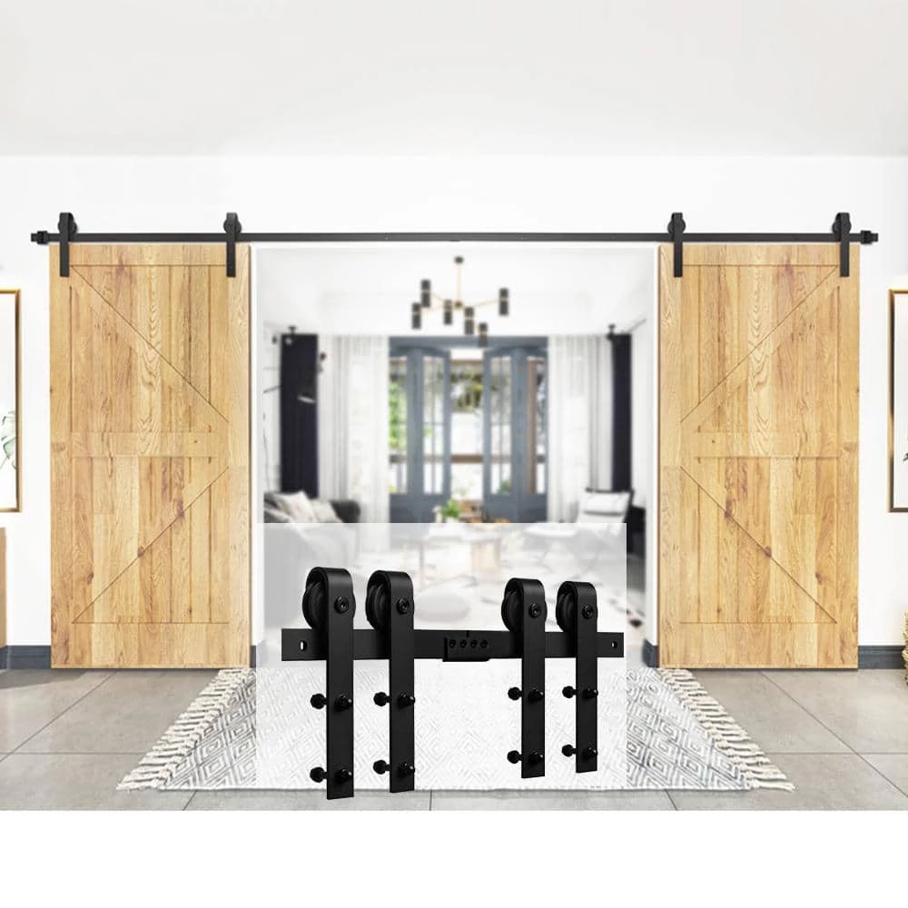 Best Pirce 😍 Boyel Living 12 ft./144 in. Black Steel Sliding Barn Door Track and Hardware Kit for Double Doors with Floor Guide 🔥 - Image 3