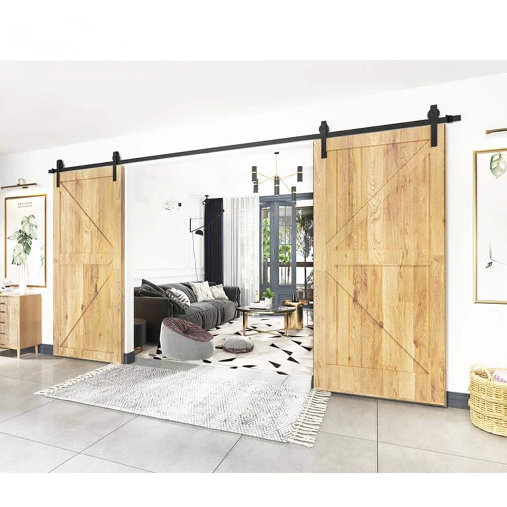 Best Pirce 😍 Boyel Living 12 ft./144 in. Black Steel Sliding Barn Door Track and Hardware Kit for Double Doors with Floor Guide 🔥 - Image 2