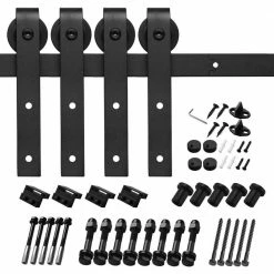 Cheap ⌛ Boyel Living 8 ft./96 in. Black Steel Sliding Barn Door Track and Hardware Kit for Double Doors with Floor Guides (J-Shape Hanger) 💯
