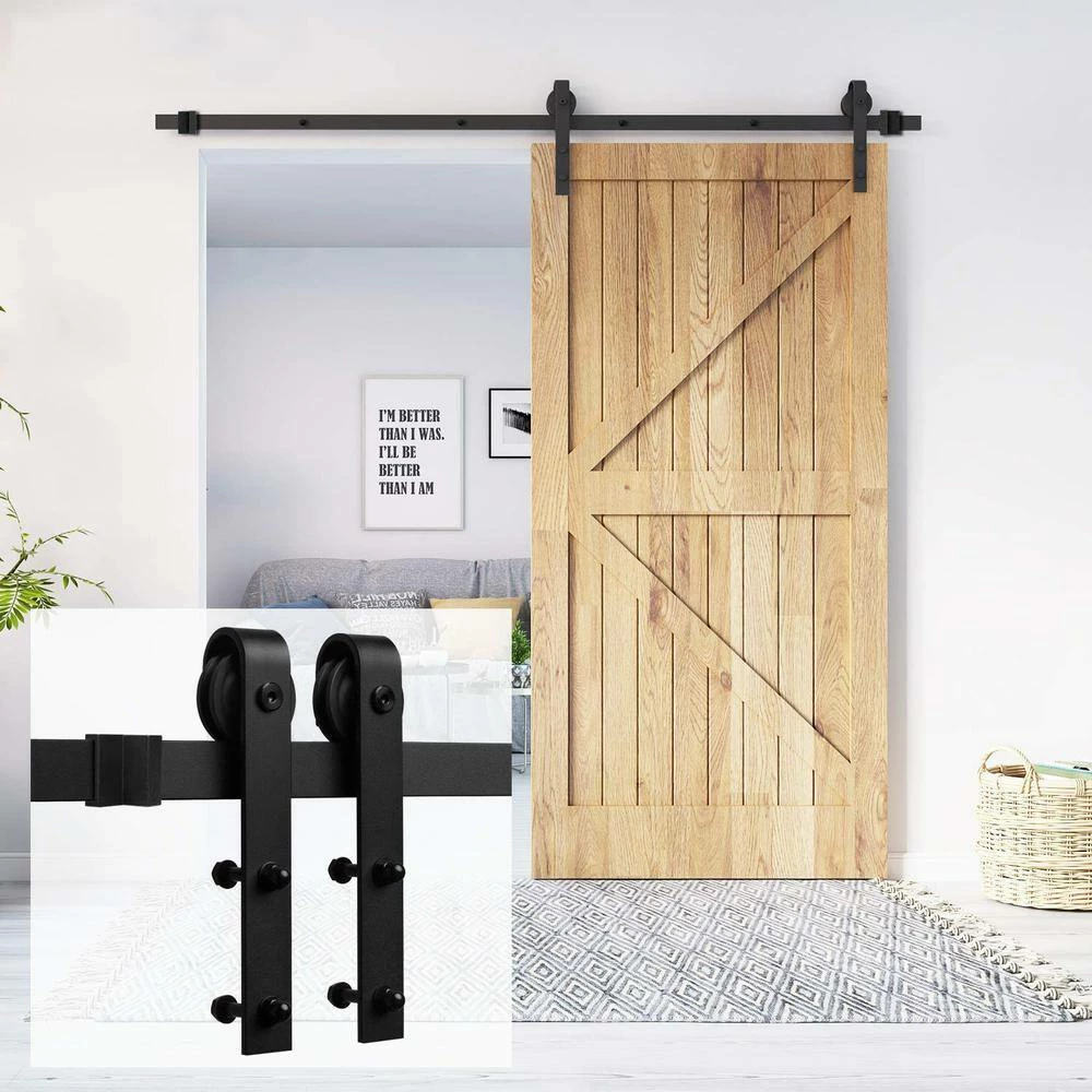 Buy 🎉 Boyel Living 6.6 ft./79 in. Black Steel Bent Strap Sliding Barn Door Track and Hardware Kit for Single Door with Floor Guide 🎁 - Image 7