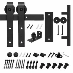Brand new ⭐ Boyel Living 8 ft./96 in. Black Steel Bent Strap Sliding Barn Door Track and Hardware Kit with 12 in. Cylinder Handle and Floor Guide 🎉