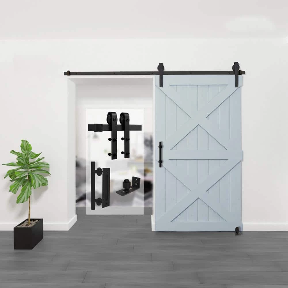 Brand new ⭐ Boyel Living 8 ft./96 in. Black Steel Bent Strap Sliding Barn Door Track and Hardware Kit with 12 in. Cylinder Handle and Floor Guide 🎉 - Image 2