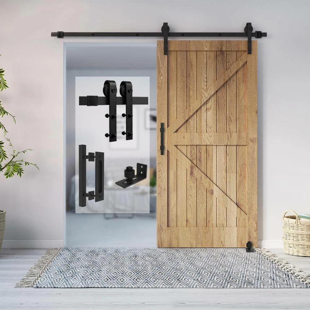 Best deal 😉 Boyel Living 5 ft./60 in. Black Steel Bent Strap Sliding Barn Door Track and Hardware Kit with 12 in. Square Pull and Flush Handle 👏 - Image 2