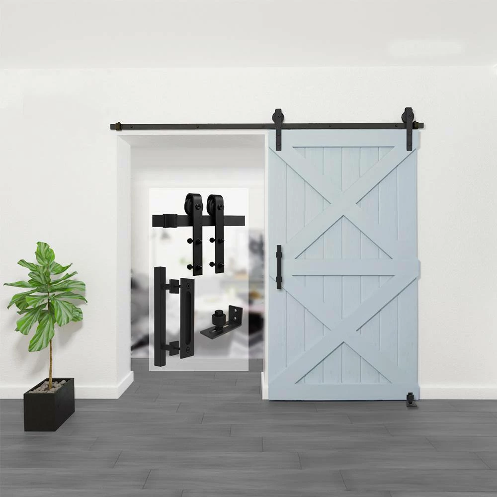 Budget ๐ Boyel Living 8 ft./96 in. Black Steel Bent Strap Sliding Barn Door Track and Hardware Kit with 12 in. Square Handle and Floor Guide ๐คฉ - Image 2