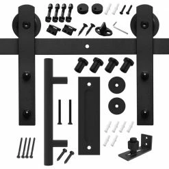 Best deal 🤩 Boyel Living 5 ft./60 in. Black Steel Strap Sliding Barn Door Track and Hardware Kit with 12 in. Cylinder Handle and Floor Guide ✔️