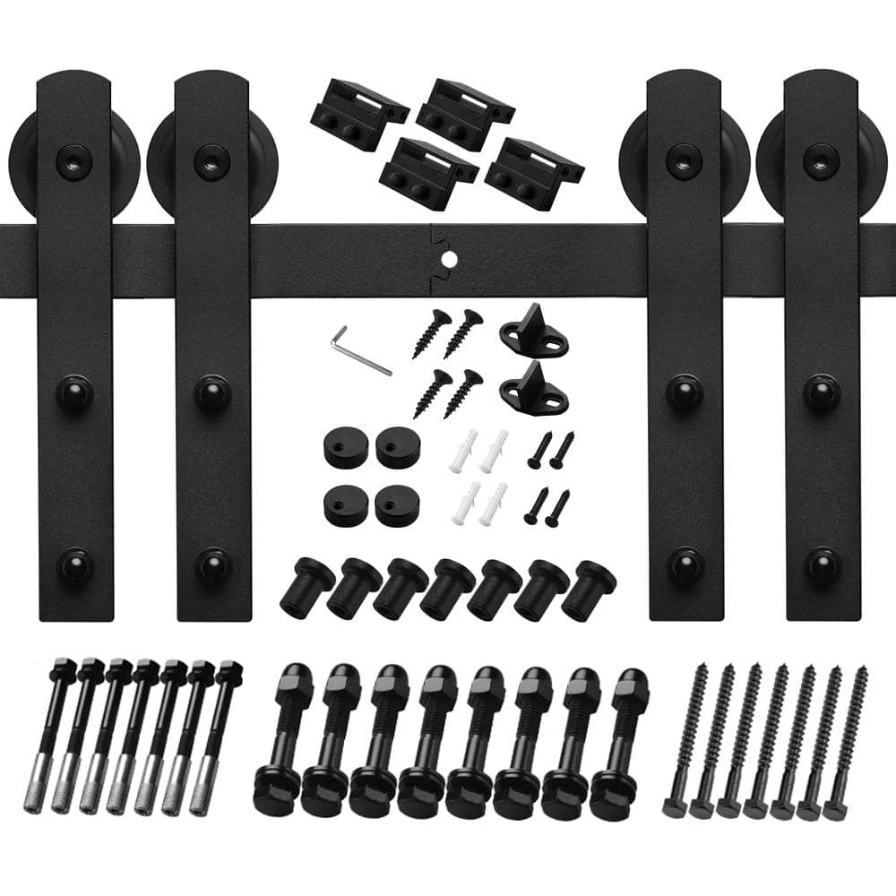 Best Pirce 👍 Boyel Living 12 ft./144 in. Black Steel Straight Strap Sliding Barn Door Track and Hardware Kit for Double Doors with Floor Guide 💯