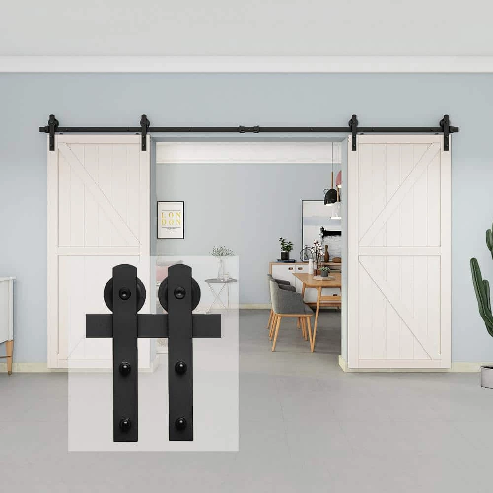 Best Pirce 👍 Boyel Living 12 ft./144 in. Black Steel Straight Strap Sliding Barn Door Track and Hardware Kit for Double Doors with Floor Guide 💯 - Image 3