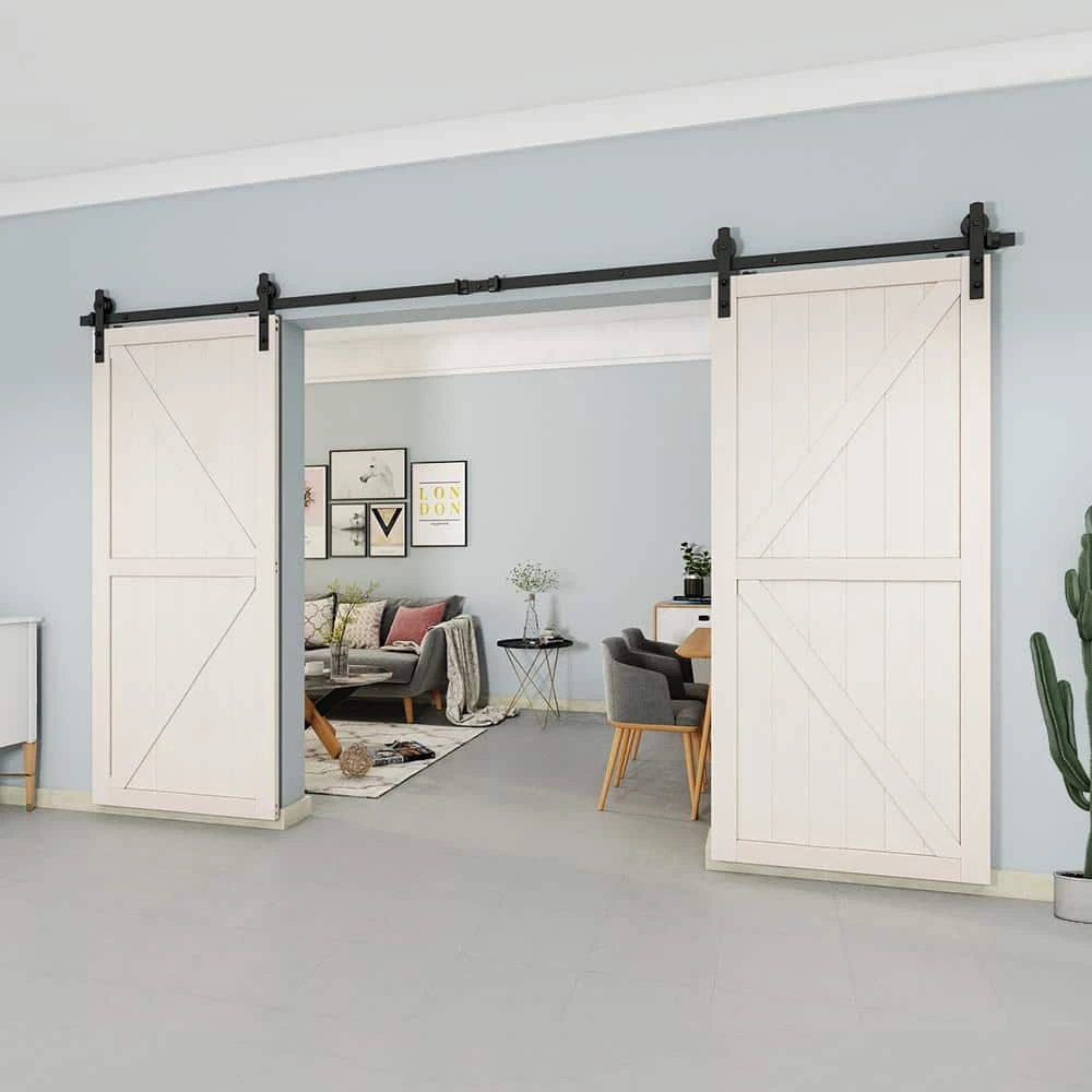 Best Pirce 👍 Boyel Living 12 ft./144 in. Black Steel Straight Strap Sliding Barn Door Track and Hardware Kit for Double Doors with Floor Guide 💯 - Image 2