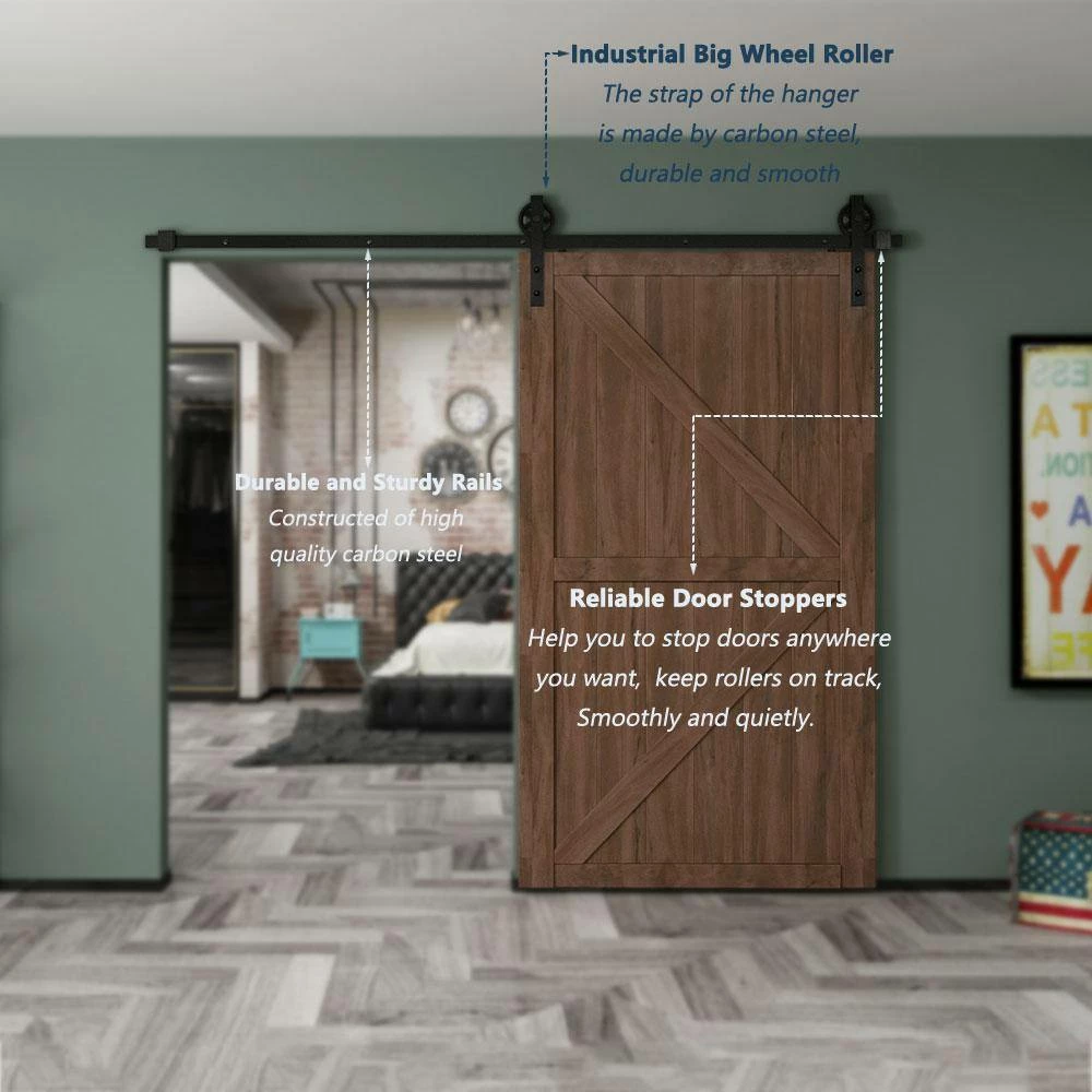 Best Sale ๐ Boyel Living 8 ft./96 in. Black Sliding Barn Door Track and Hardware Kit (Bigwheel J Shape Hanger) for Single Door with Floor Guide ๐งจ - Image 5