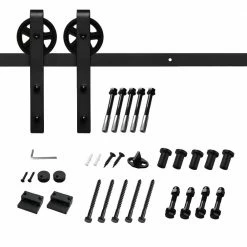 Best Sale 😍 Boyel Living 8 ft./96 in. Black Sliding Barn Door Track and Hardware Kit (Bigwheel J Shape Hanger) for Single Door with Floor Guide 🧨