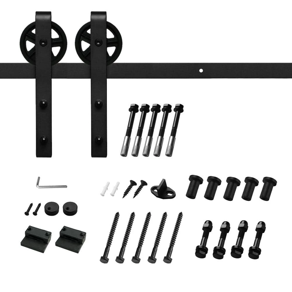 Best Sale ๐ Boyel Living 8 ft./96 in. Black Sliding Barn Door Track and Hardware Kit (Bigwheel J Shape Hanger) for Single Door with Floor Guide ๐งจ
