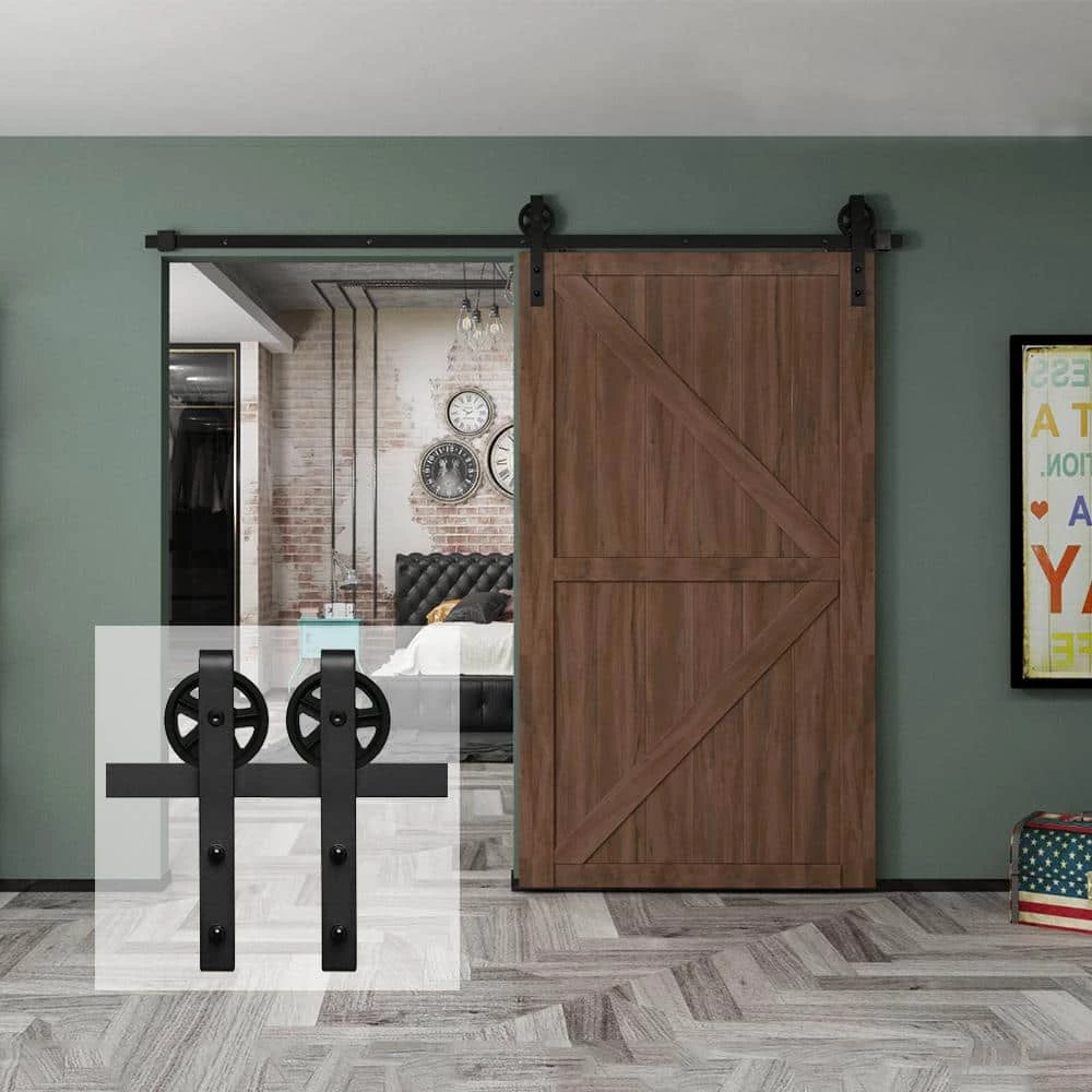 Best Sale ๐ Boyel Living 8 ft./96 in. Black Sliding Barn Door Track and Hardware Kit (Bigwheel J Shape Hanger) for Single Door with Floor Guide ๐งจ - Image 2