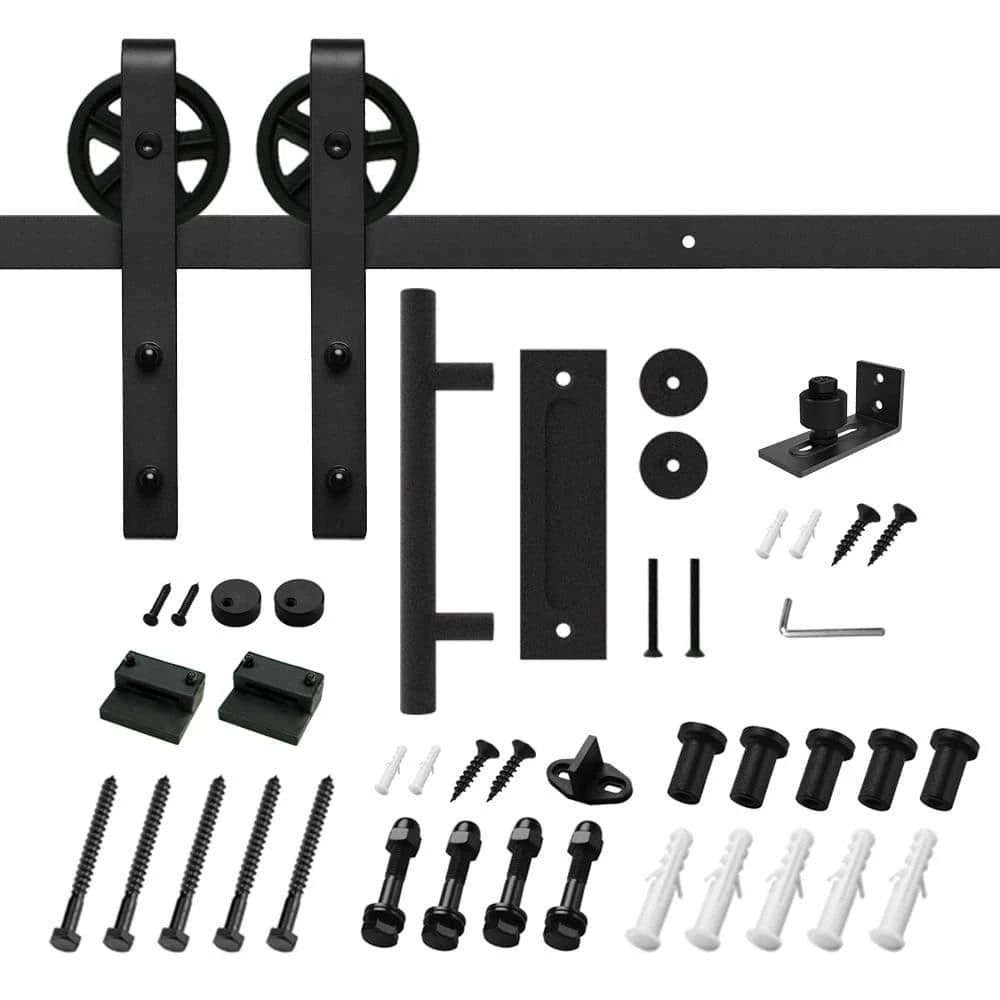 Cheap 🤩 Boyel Living 6 ft./72 in. Black Steel Bent Strap Sliding Barn Door Track and Hardware Kit with 12 in. Cylinder Handle and Floor Guide 🔥