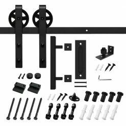 Flash Sale 😉 Boyel Living 6.6 ft./79 in. Black Steel Strap Sliding Barn Door Track and Hardware Kit with 12 in. Square Handle and Floor Guide 🧨