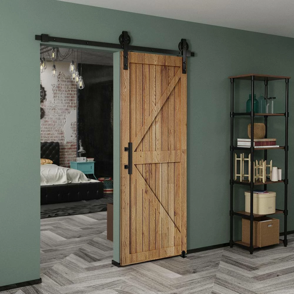 Best Pirce 😉 Boyel Living 6 ft./72 in. Black Steel Bent Strap Sliding Barn Door Track and Hardware Kit with 12 in. Square Handle and Floor Guide 😍 - Image 8