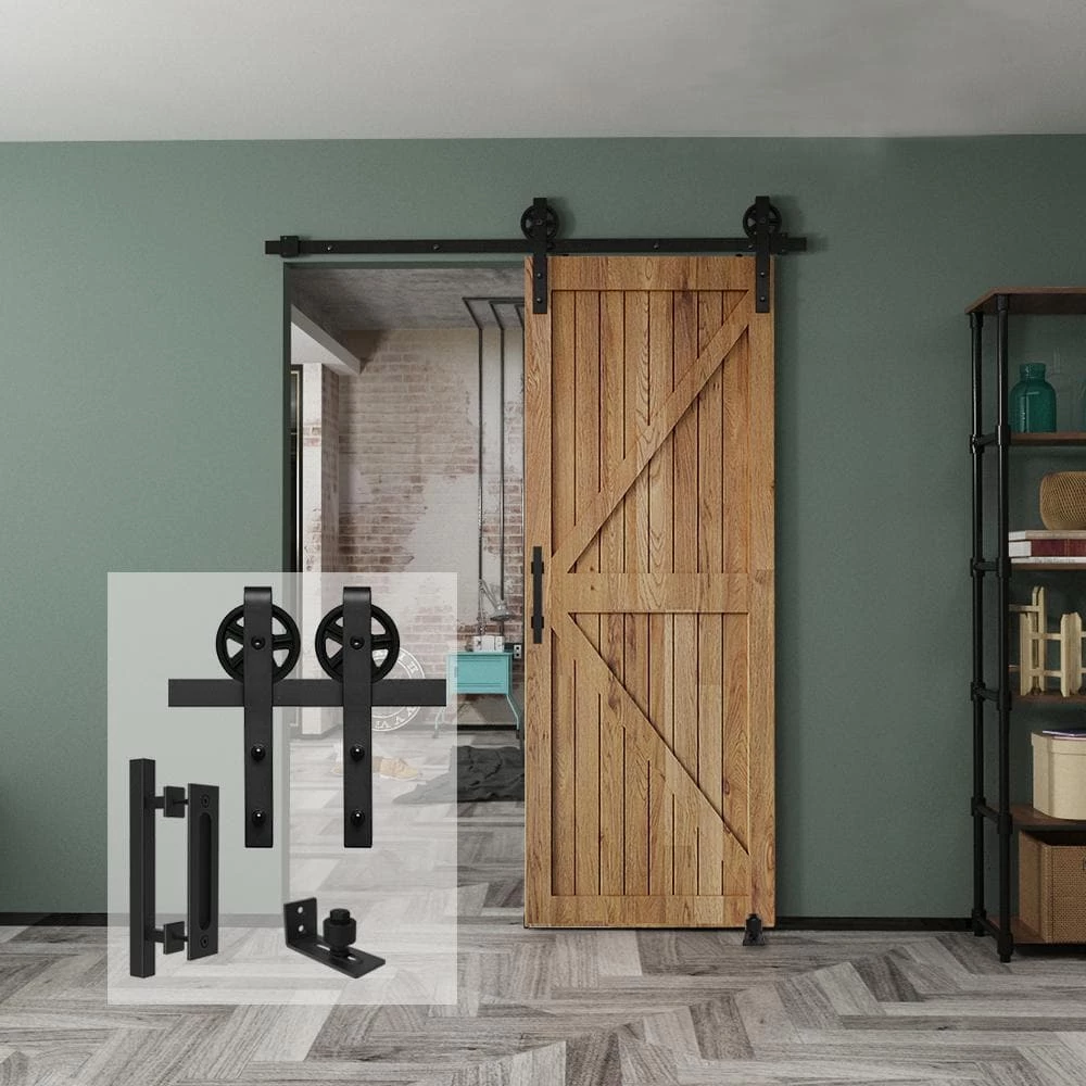 Best Pirce 😉 Boyel Living 6 ft./72 in. Black Steel Bent Strap Sliding Barn Door Track and Hardware Kit with 12 in. Square Handle and Floor Guide 😍 - Image 2