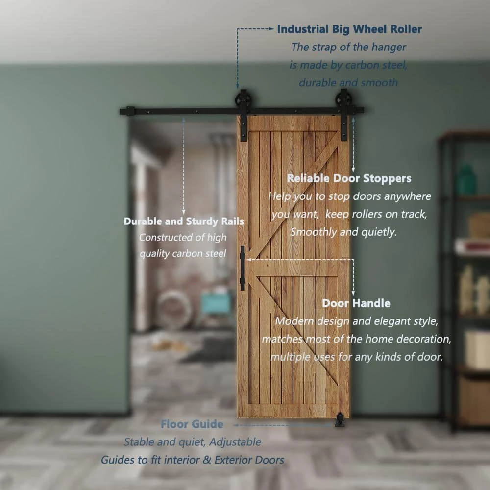 Best Pirce 😉 Boyel Living 6 ft./72 in. Black Steel Bent Strap Sliding Barn Door Track and Hardware Kit with 12 in. Square Handle and Floor Guide 😍 - Image 6