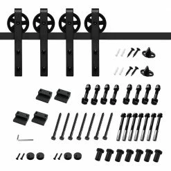 Hot Sale 😀 Boyel Living 10 ft./120 in. Black Steel Sliding Barn Door Track and Hardware Kit for Double Doors with Floor GuideBigwheel J Shape) ⭐