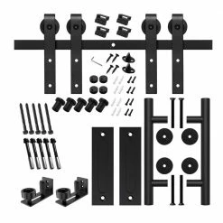 New 🛒 Boyel Living 8 ft./96 in. Black for Double Doors Steel Sliding Barn Door Track and Hardware Kit with 12 in. Round Handle Set 🔔
